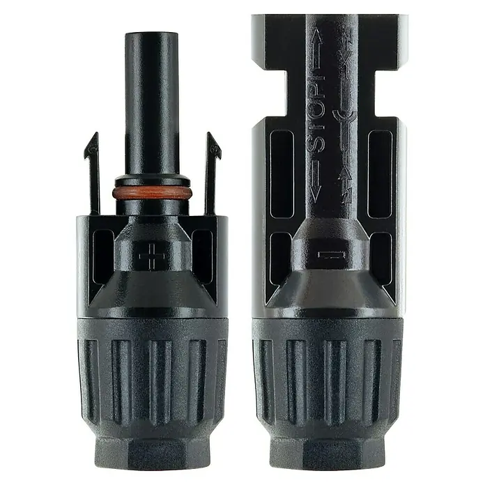 Schwaiger Steckverbinder Solar- Stecker & Kupplung - 5,5 cm - Zwei schwarze MC4-Solarpanel-Stecker aus Kunststoff, ein männlicher und ein weiblicher, mit geriffelten Griffen und Polmarkierungen.