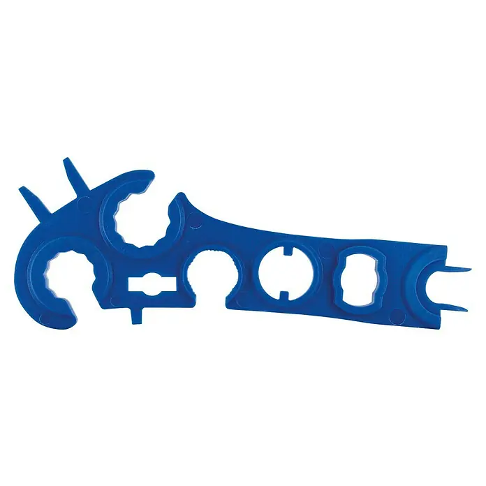 Schwaiger Montageschlüssel - Passend für: Solar-Steckverbinder aller Art - Blaues, multifunktionales Küchenwerkzeug aus Kunststoff zum Öffnen von Gläsern, Flaschen und Verschlüssen. Mit verschiedenen Griffen und Hebeln.