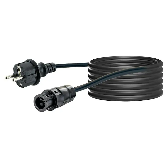 Schwaiger Anschlusskabel - 10 m - Schwarzes, aufgerolltes Verlängerungskabel mit Schuko-Stecker und Steckdose.