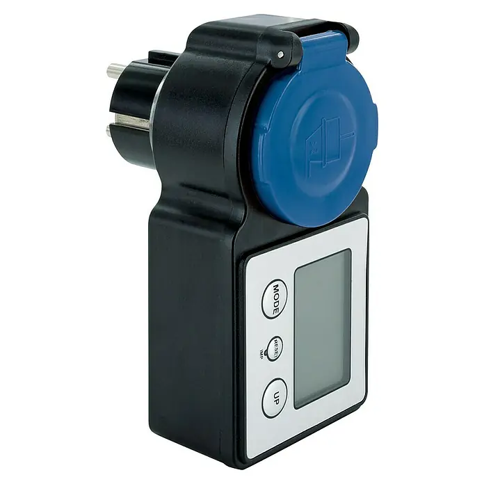 Schwaiger Energiekosten-Messgerät Außen - 230 W - Schwarzer Energiezähler mit blauer Schutzkappe, Digitalanzeige und Bedientasten.