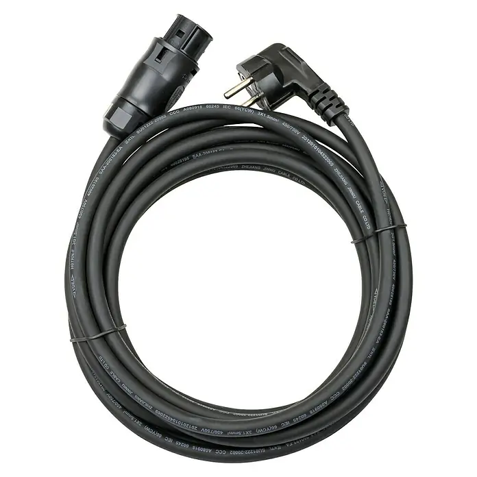 Schwaiger Anschlusskabel - 5 m - Schwarzes aufgerolltes Stromkabel mit gewinkeltem Schuko-Stecker und verriegelbarem Stromanschluss.