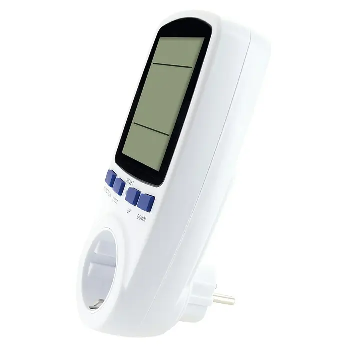 Schwaiger Energiekosten-Messgerät mit beleuchtetem Display - 230 W - Weißer Stromverbrauchsmesser aus Kunststoff mit Digitalanzeige, blauen Tasten, Schuko-Stecker und -Steckdose.