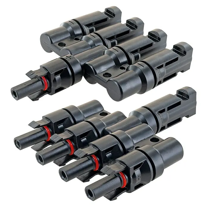 Schwaiger Adapter für Solarmodul 4in1 Stecker - 2 Stk. - Schwarze Kunststoff-Solarpanel-Y-Stecker mit roten Dichtungen.