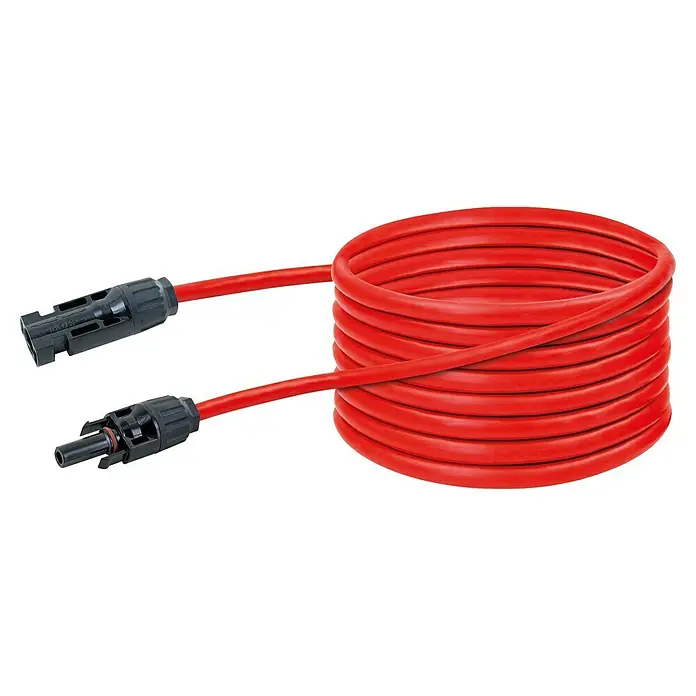 Schwaiger Solar-Verlängerungskabel - Kabellänge: 5 m, 2 Stk. - Aufgerolltes rotes Solarkabel mit schwarzen MC4-Steckern an beiden Enden.