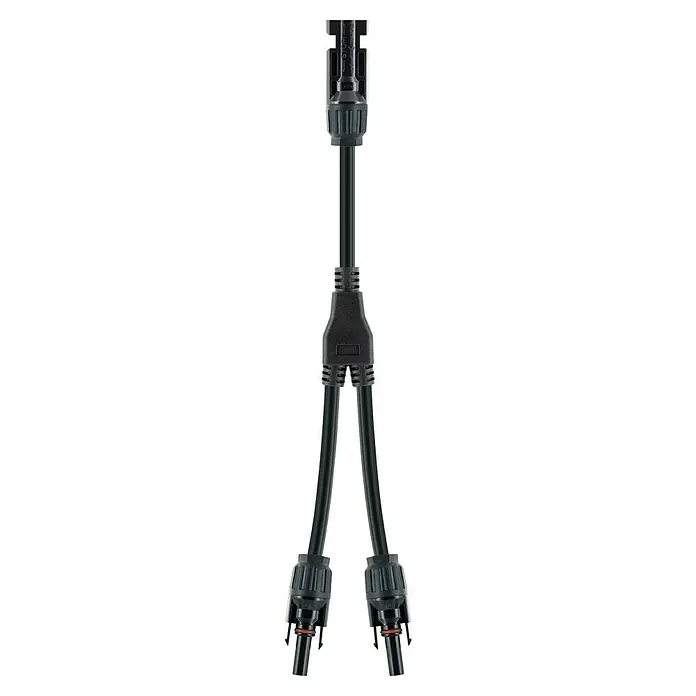 Schwaiger Adapter Solaradapter 2in1 Kabel - 2 Stk. - Schwarzer MC4 Solar Y-Verbinder aus Kunststoff mit einem weiblichen Eingang und zwei männlichen Ausgängen, mit zwei flexiblen Kabeln.
