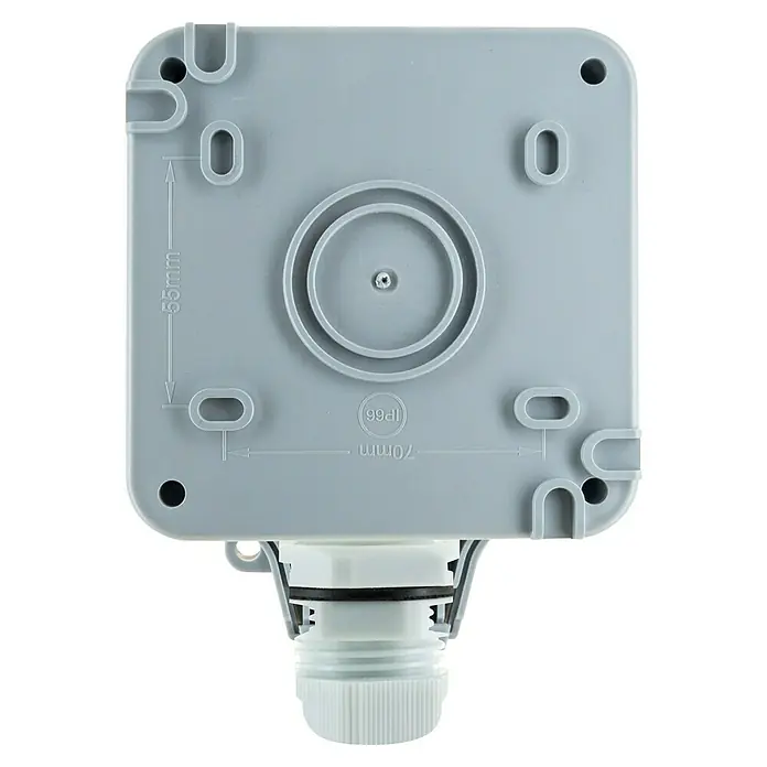 Schwaiger Feuchtraum-Steckdose für Winkelstecker - Grau, 1-fach, Ausrichtung Schalterprogramm: Horizontal, Aufputzmontage, IP66 - Rückseite einer grauen IP66 Kunststoff-Abzweigdose mit Befestigungslöchern und weißer Kabelverschraubung. Maße 55x70mm.