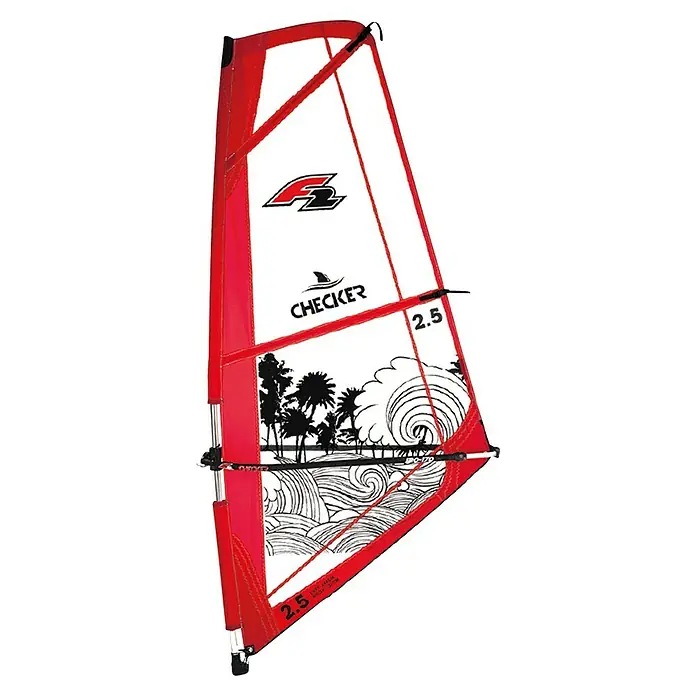 F2 Windsurf Segel Checker Kid Komplett - 3,5 m², Rot - Rotes und weißes Windsurfsegel mit schwarzen F2- und CHECKER-Logos, Palmen- und Wellengrafiken und Größe 2.5.
