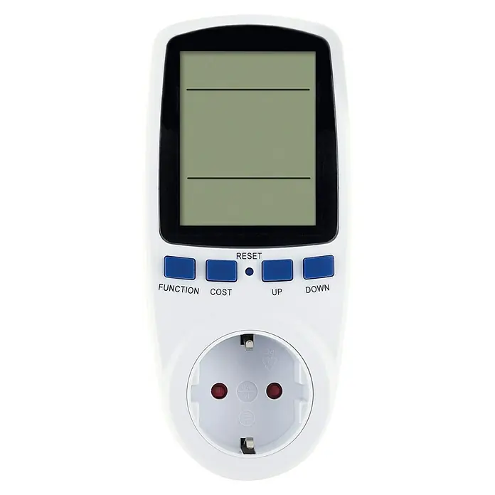 Schwaiger Energiekosten-Messgerät mit beleuchtetem Display - 230 W - Weißer Stromkostenmesser mit Digitalanzeige, blauen Tasten und Schuko-Steckdose zur Überwachung des Energieverbrauchs.