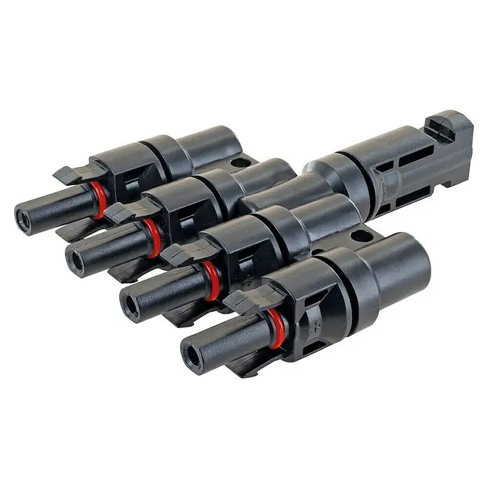 Schwaiger Adapter für Solarmodul 4in1 Stecker - 2 Stk. - Schwarze Kunststoff-MC4-Y-Verteiler für Solarmodule mit roten Dichtungen.