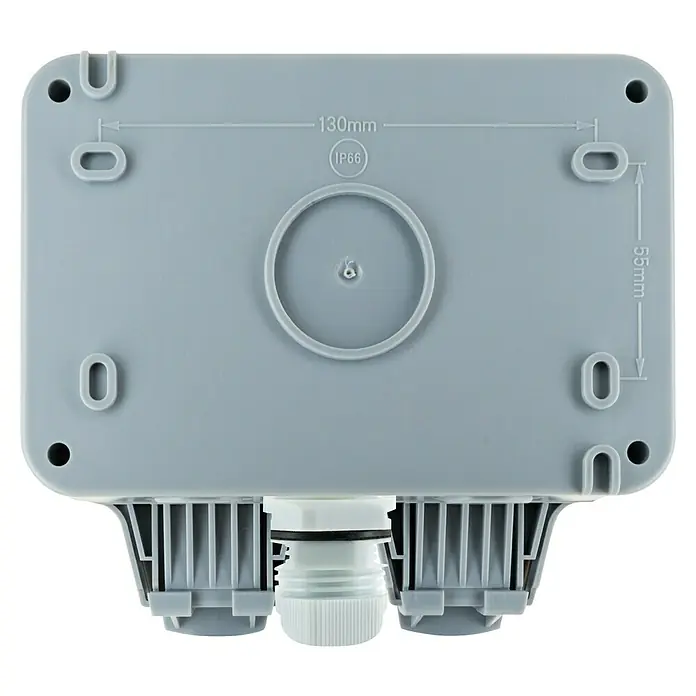 Schwaiger Feuchtraum-Steckdose für Winkelstecker - Grau, 2-fach, Ausrichtung Schalterprogramm: Horizontal, Aufputzmontage, IP66 - Graue, wetterfeste Kunststoff-Anschlussdose mit IP66, 130x55mm Maßen und Kabelverschraubung.