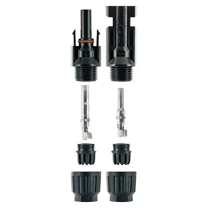 Schwaiger Steckverbinder Solar- Stecker & Kupplung - 5,5 cm - Zerlegte schwarze und silberne MC4-Solarpanel-Stecker, mit Kunststoffgehäusen, Metallstiften und Kabelverschraubungen.