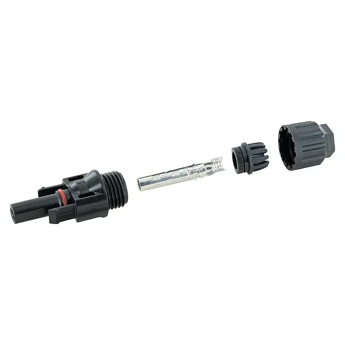 Schwaiger Steckverbinder Solar- Stecker & Kupplung - 5,5 cm - Demontierter schwarzer MC4-Solarpanel-Stecker mit Kunststoffgehäuse, Metallkontaktstift, Gummidichtung und Schraubverschluss.
