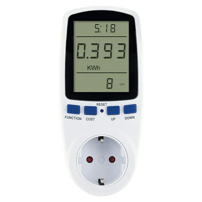 Schwaiger Energiekosten-Messgerät mit beleuchtetem Display - 230 W - Weißes digitales Strommessgerät mit LCD-Anzeige (0,393 KWh), blauen Tasten und Schuko-Steckdose.