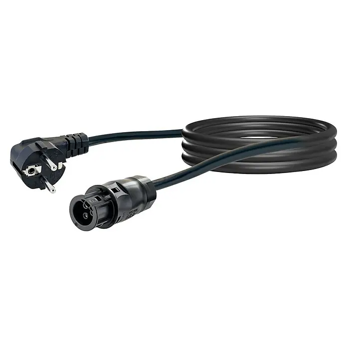 Schwaiger Anschlusskabel - 5 m - Schwarzes Stromkabel mit gewinkeltem Schukostecker und rundem Industriestecker.