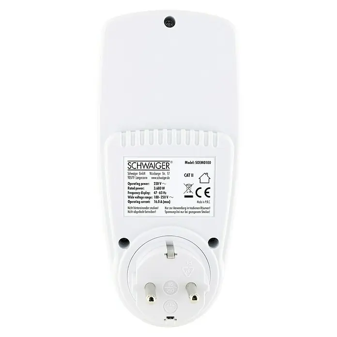 Schwaiger Energiekosten-Messgerät mit beleuchtetem Display - 230 W - Weißer Schwaiger Stromadapter/Energiemesser mit Schuko-Stecker, technische Daten sichtbar.
