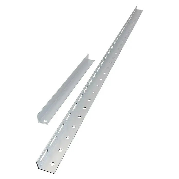 Schwaiger Befestigungs-Set - Passend für: Solarmodule - Zwei silberne Metallwinkelprofile, eines mit runden und Langlöchern perforiert.