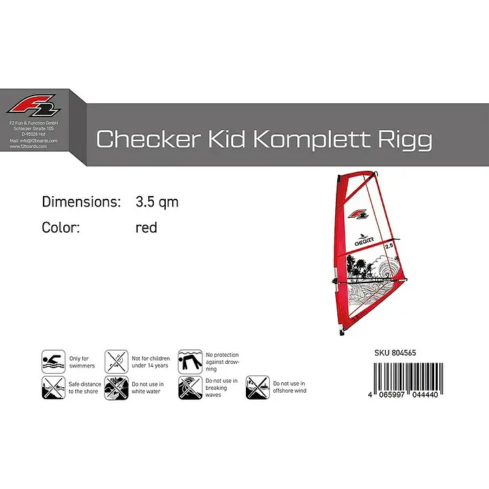 F2 Windsurf Segel Checker Kid Komplett - 3,5 m², Rot - Rotes Checker Kid Komplett Rigg Windsurfsegel (3,5 qm) für Kinder.