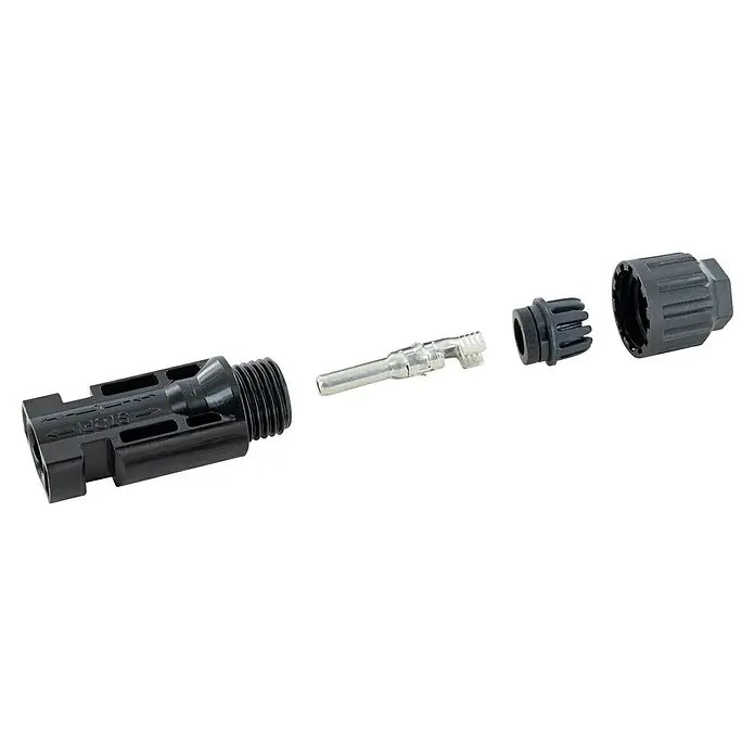 Schwaiger Steckverbinder Solar- Stecker & Kupplung - 5,5 cm - Demontierte schwarze MC4-Solarsteckerkomponenten: Gehäuse, Metallstift, Dichtung und Gewindekappe.