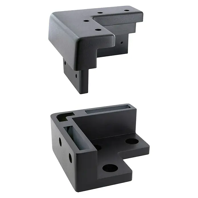 Schwaiger Montage-Set 4x Wandhalterungen 90°, 2x Wandhalterung gerade inkl. Schrauben - Passend für: Solarmodule - Dunkelgrauer L-förmiger Eckverbinder mit mehreren Befestigungslöchern, aus zwei Blickwinkeln gezeigt.