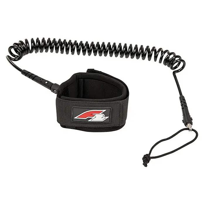 F2 Board Leash - Ø x L: 8 mm x 305 cm - Schwarze gewickelte Surfboard-Leash mit gepolsterter Knöchelmanschette und Schlaufenbefestigung.