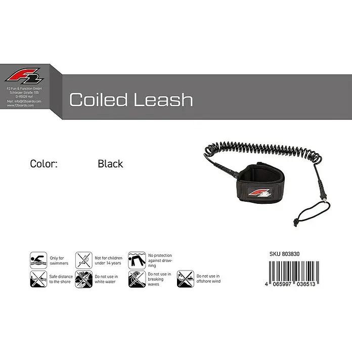 F2 Board Leash - Ø x L: 8 mm x 305 cm - Schwarze Spiralleine für Wassersport.