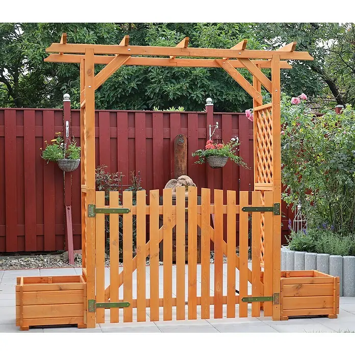 Promadino Pergola Bamberg - Höhe: 208 cm, Ausführung: Tür & Pflanzkasten - Gartentor mit Pflanzenkästen und Rankhilfe für eine grüne und einladende Gartengestaltung.