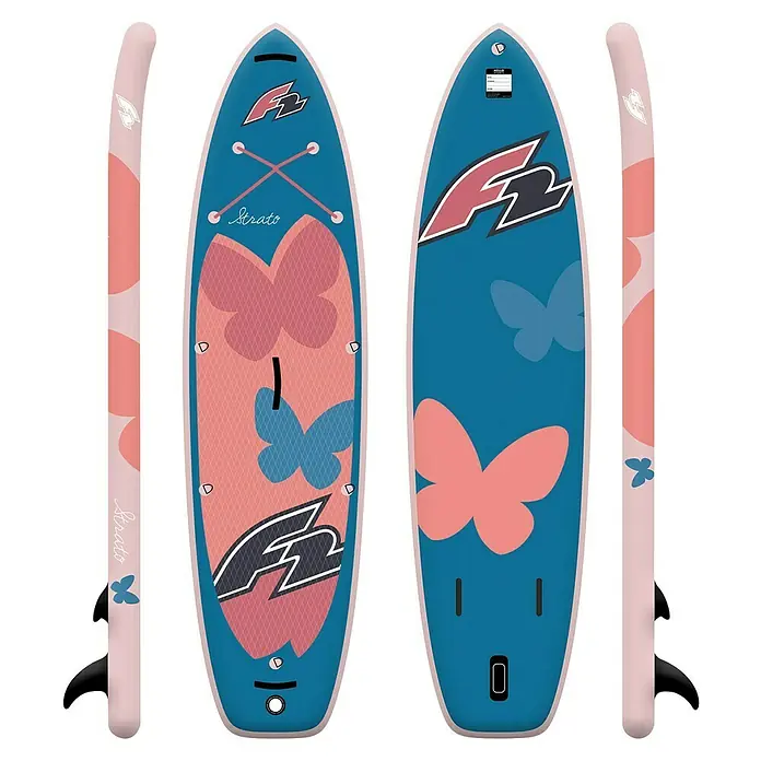 F2 SUP-Board-Set 10,5'' Damen Strato Ltd. Edition - L x B x H: 320 x 83 x 15 cm, Aufblasbar, Orange - Blau-pinkes Paddleboard mit Schmetterlings-Designs, "Strato"-Schriftzug, F2-Logo, Bungees und Finnen. Ansichten von oben und der Seite.