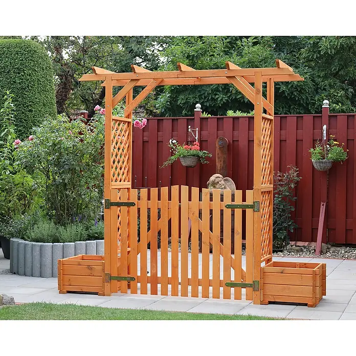 Promadino Pergola Bamberg - Höhe: 208 cm, Ausführung: Tür & Pflanzkasten - Einladendes Gartenportal mit Holztor und integrierten Pflanzkästen, perfekt für einen blühenden Eingangsbereich.