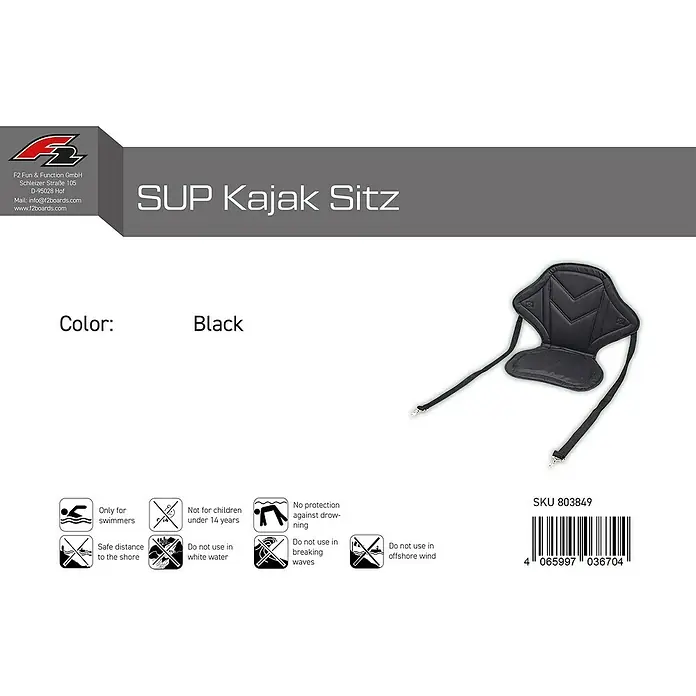F2 SUP-Sitz - Geeignet für: SUP Boards - Schwarzer, gepolsterter SUP Kajaksitz mit verstellbaren Gurten.