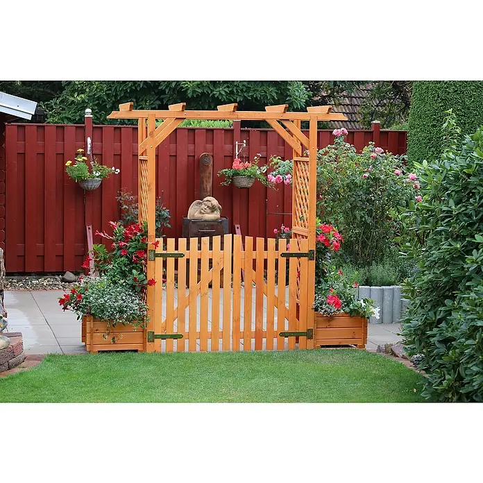 Promadino Pergola Bamberg - Höhe: 208 cm, Ausführung: Tür & Pflanzkasten - Holzgartentor mit Blumenkästen und Rankgitter, ideal für jeden Garten, der einen stilvollen Eingang sucht.