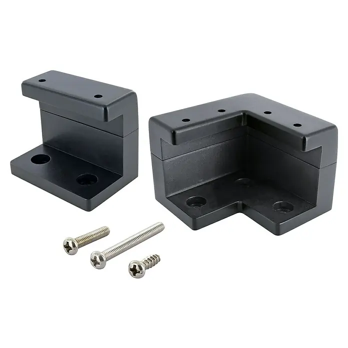 Schwaiger Montage-Set 4x Wandhalterungen 90°, 2x Wandhalterung gerade inkl. Schrauben - Passend für: Solarmodule - Zwei schwarze L-förmige Eckhalterungen mit Befestigungslöchern und drei silberne Schrauben mit Stern-/Kreuzschlitzantrieb.