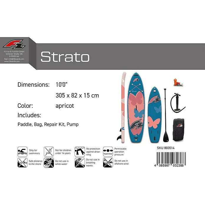 F2 SUP-Board-Set 10,0'' Damen Strato Ltd. Edition - L x B x H: 305 x 82 x 15 cm, Aufblasbar, Orange - Apricot-blaues F2 Strato Paddleboard mit Schmetterlingsmotiv, inklusive Paddel, Tasche, Reparaturset und Pumpe.