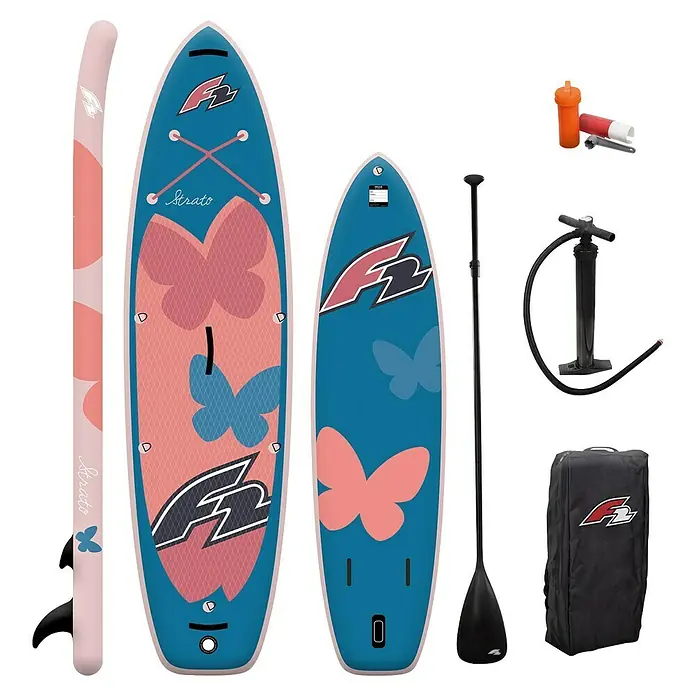 F2 SUP-Board-Set 10,0'' Damen Strato Ltd. Edition - L x B x H: 305 x 82 x 15 cm, Aufblasbar, Orange - Blau-rosa Paddelboard-Set mit Schmetterlingsdesign, inklusive Paddel, Pumpe, Reparatur-Kit und Tasche.