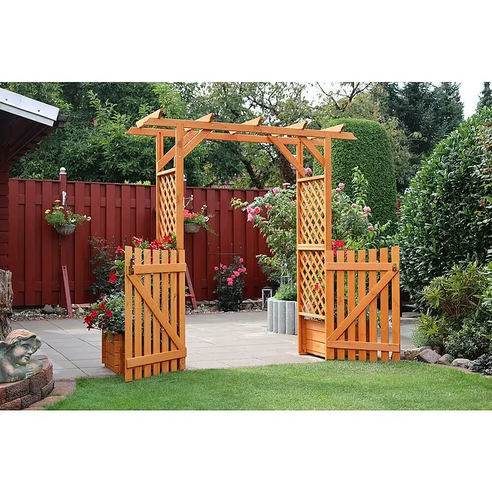 Promadino Pergola Bamberg - Höhe: 208 cm, Ausführung: Tür & Pflanzkasten - Ein hölzerner Garteneingang mit Rankgitter und bunten Blumenkästen, der einen einladenden Übergang zum Garten schafft.