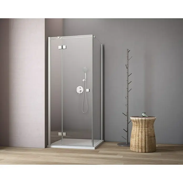 GEO Hit Eckdusche B-F300 - 80 x 80 x 200 cm, Unbeschichtet, Silber, Glasstärke: 6 mm, DIN Anschlag: Links - Elegante Duschkabine mit klaren Linien und Chrombeschlägen in modernem Badezimmer.