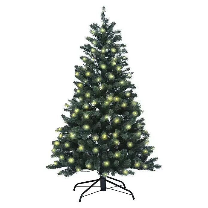 Xenotec Künstlicher Weihnachtsbaum - Höhe: 150 cm, Grün, LED-Beleuchtung - Grüner künstlicher Weihnachtsbaum mit warmweißen Lichterketten und schwarzem Metallständer.