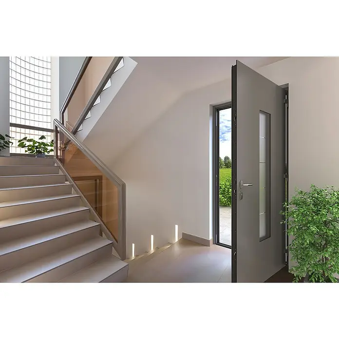 Portofino Haustür Basico 90 - 110 x 210 cm, DIN Anschlag: Rechts - Offene moderne Haustür mit schmalem Fenster in einem hellen Flur mit Treppe und Pflanzen. Die Tür bietet einen einladenden Eingangsbereich.