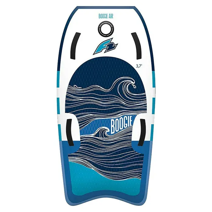 F2 Bodyboard Boogie Board Air 3,7 - L x B x H: 113 x 56 x 10 cm, Blau - Weiß-blaues "Boogie Air" Bodyboard, 3,7 Fuß, mit Wellengrafik und schwarzen Griffpads.