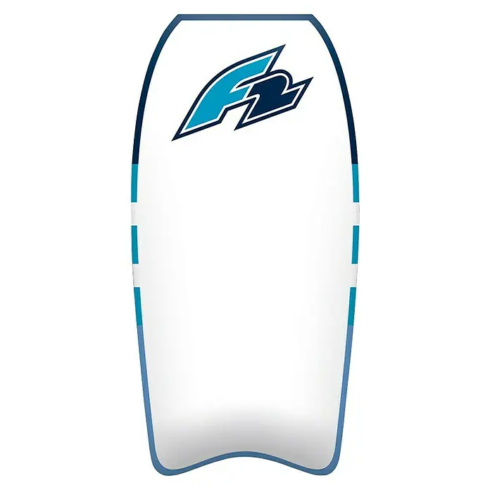 F2 Bodyboard Boogie Board Air 3,7 - L x B x H: 113 x 56 x 10 cm, Blau - Weißes Bodyboard mit blauen Kanten, Seitenstreifen und einem stilisierten F2-Logo.
