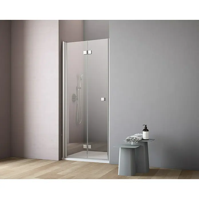 GEO Hit Nischendusche B-N400 - 90 x 202,2 cm, Beschichtet, Silber, 6 mm, DIN Anschlag: Links - Ein moderner Duschbereich mit einer eleganten, rahmenlosen Duschkabine, die Funktionalität und minimalistisches Design vereint.