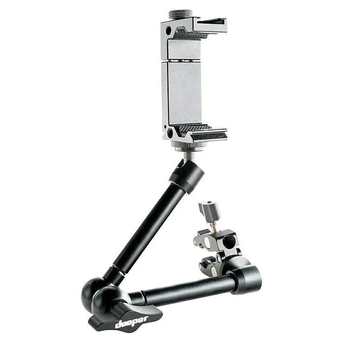 Deeper Smartphone-Halter für Boot und Kajak - Passend für: 65 mm/2,6 " - 95 mm/3,7" Smartphone - Schwarzer und silberner Gelenkarm mit Smartphone-Halterung oben und Universalklemme unten.