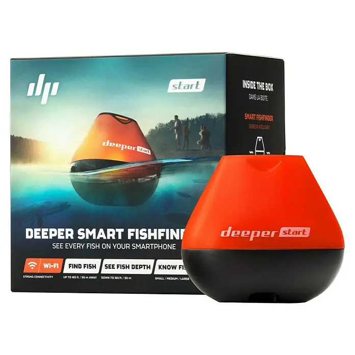 Deeper Fishfinder Start - Höhe: 58 mm, WLAN - Oranges und schwarzes Deeper Smart Fishfinder Gerät und seine Produktverpackung, die es beim Angeln zeigt.
