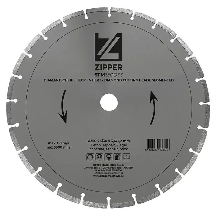 Zipper Diamant-Trennscheibe STM350DSS - Durchmesser: 35 cm, Bohrung: 30 mm, Geeignet für: Beton, 1 Stk. - Abbildung einer Zipper STM350DSS Diamanttrennscheibe, geeignet für Beton, Asphalt und Ziegel.