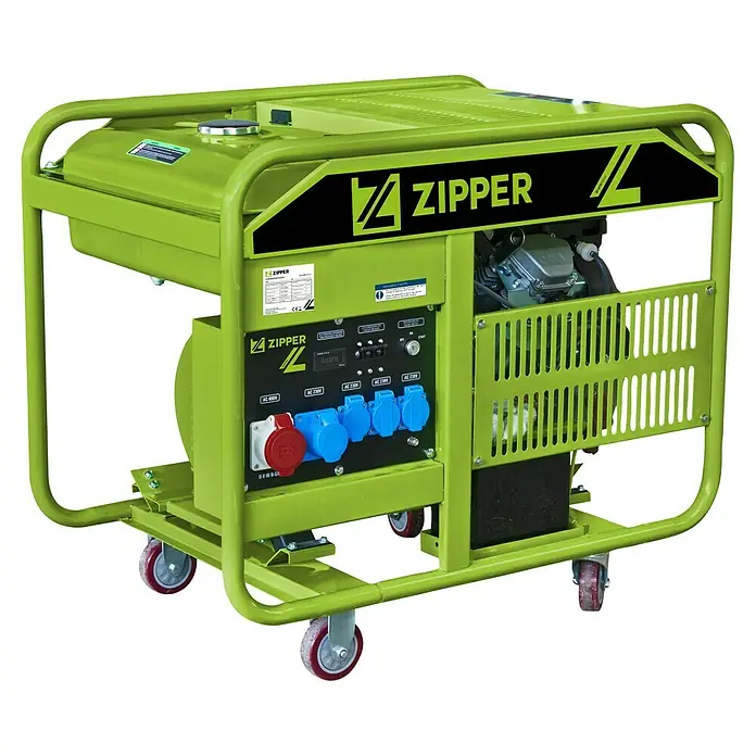 Zipper Stromerzeuger ZI-STE 11000 - Nennleistung: 10 kW, Tankvolumen: 30 l - Tragbarer Zipper Stromerzeuger mit grünem Rahmen, Steckdosen und Rädern für den flexiblen Einsatz. Ideal für Baustellen und den Outdoor-Bereich.