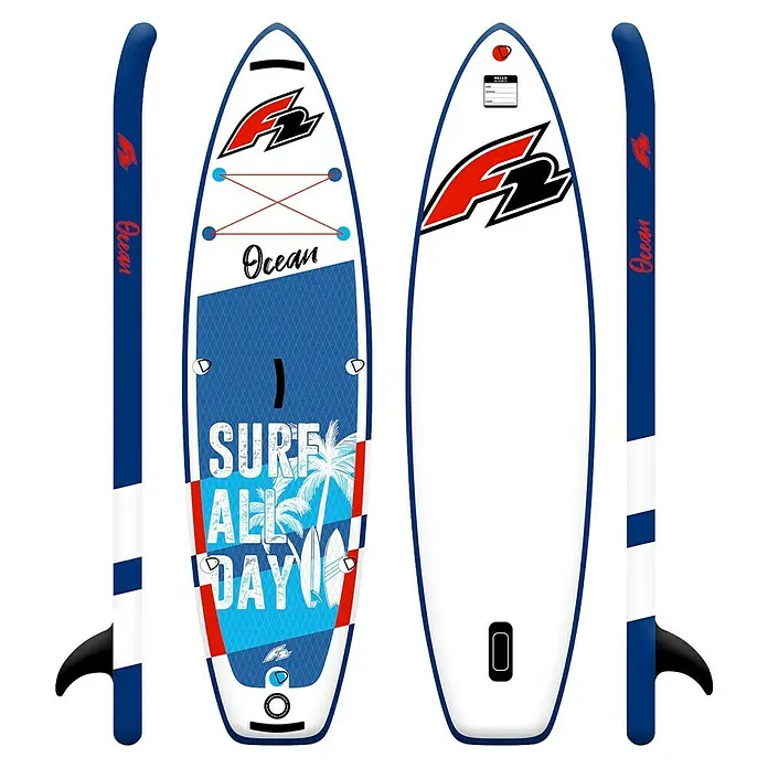 F2 SUP-Board-Set 9,2“ Junior Ocean Boy - L x B x H: 280 x 67 x 10 cm, Aufblasbar, Blau - Blau-weißes Stand-Up Paddleboard mit F2-Logo, "Ocean"-Schriftzug, "Surf All Day"-Grafik mit Palmen, Finne und Gepäckspanngurten.