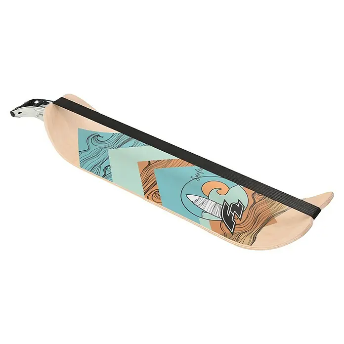 F2 Balance Board Surfline - L x B: 105 x 27,5 cm - Helles Holz-Balance Board mit Surf-Grafiken, schwarzem Gurt und beweglichem Endstück für dynamisches Training.