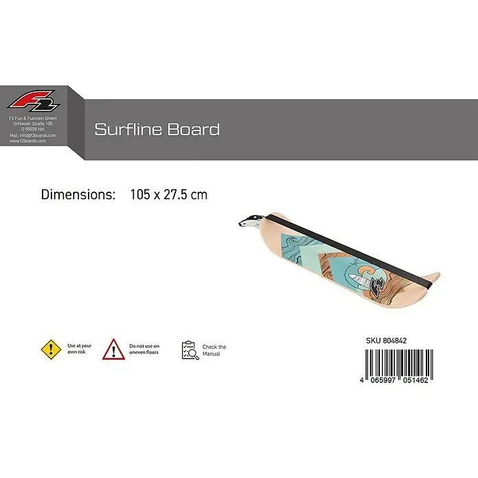 F2 Balance Board Surfline - L x B: 105 x 27,5 cm - Hölzernes Surfline Balance Board mit farbenfrohen Surf-Grafiken in Blau und Orange, mit einem schwarzen Fußgurt.