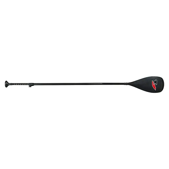F2 SUP-Paddel Carbon - Verstellbar: 170 cm - 240 cm, 3 -tlg. - Verstellbares schwarzes Carbon-Stand-Up-Paddle mit ergonomischem Griff und rot/weißem Logo auf dem Blatt.