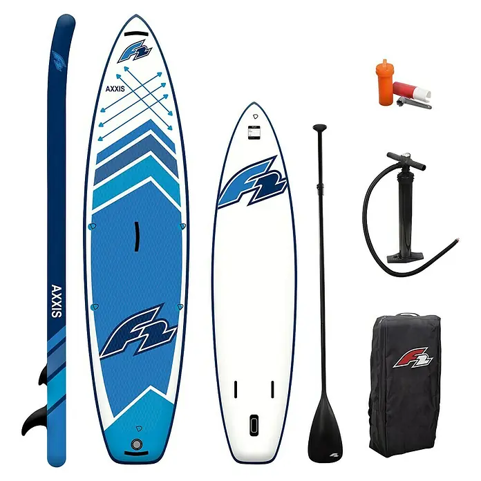 F2 SUP-Board-Set Axxis 10,5'' - L x B x H: 320 x 82 x 15 cm, Aufblasbar, Blau - Blau-weißes aufblasbares Stand-Up-Paddleboard (SUP)-Set mit zwei Boards, Paddel, Pumpe, Reparaturset und Tragetasche.