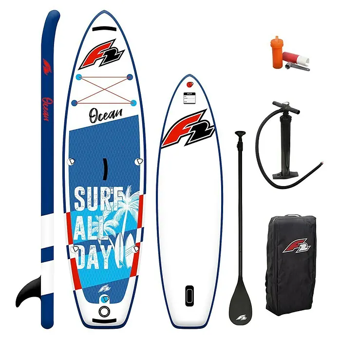 F2 SUP-Board-Set 9,2“ Junior Ocean Boy - L x B x H: 280 x 67 x 10 cm, Aufblasbar, Blau - Blaues, weißes und rotes aufblasbares Stand-Up-Paddleboard (SUP) mit Paddel, Pumpe, Finne, Reparaturset und Tragetasche.